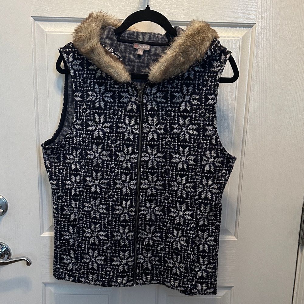 Talbots Navy & White Full Zip Sweater Vest with Hoodie Faux Fur Trim Size L